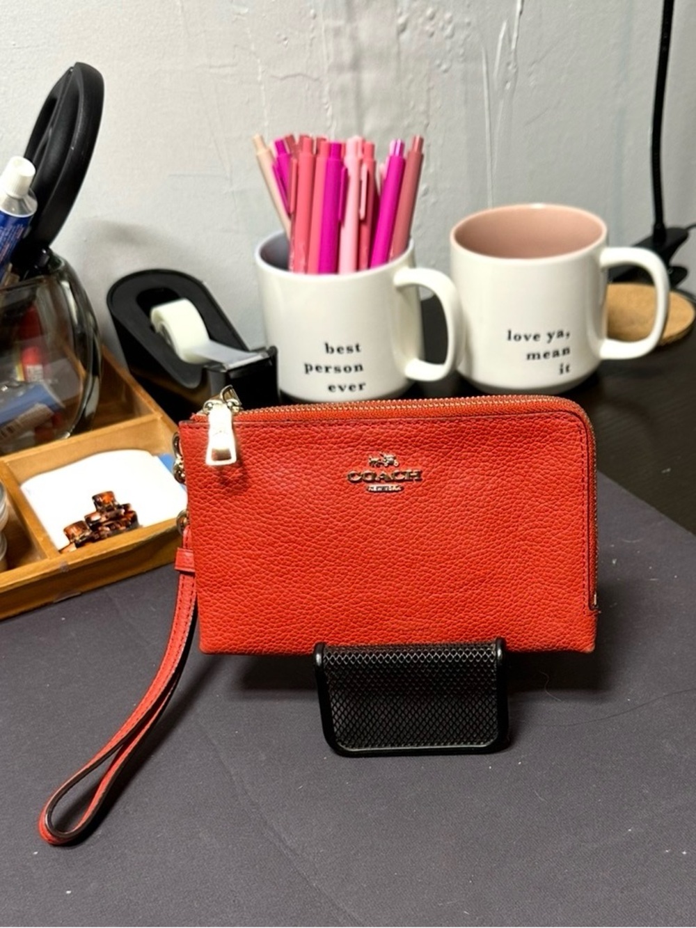Coach Orange Pebbled Leather Wristlet Card Holder